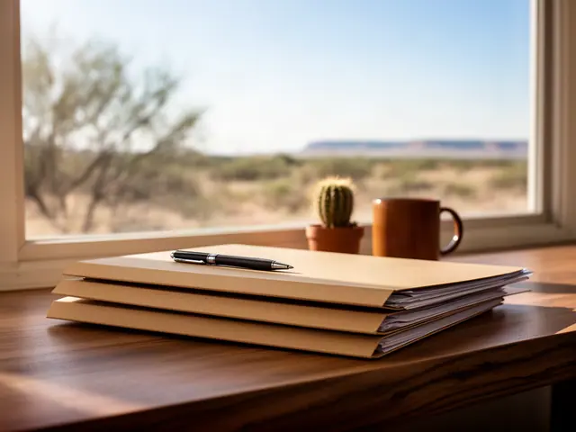 A neat stack of closed manila folders and a pen on a desk by a window.
